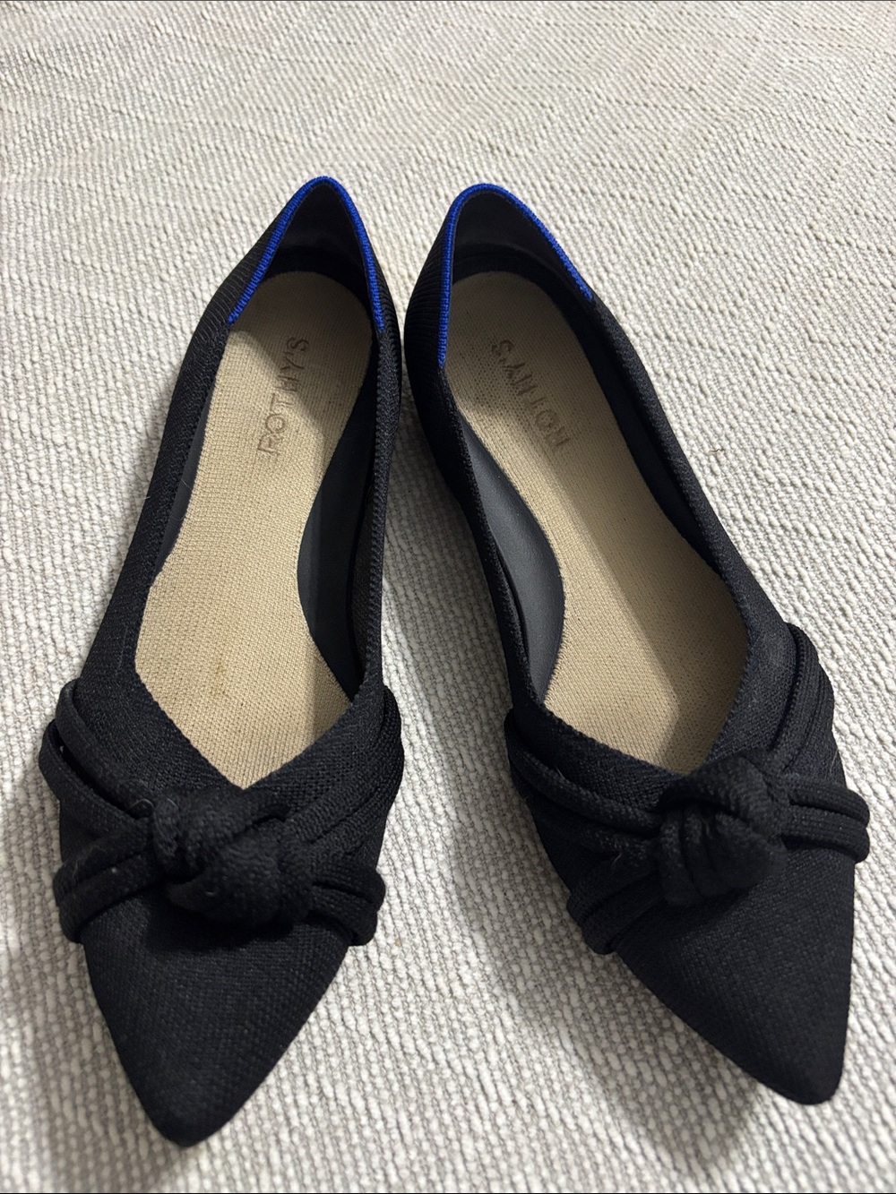 Rothy's Black Pointed Knit Flats with Blue Trim and Knot